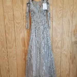Mac Duggal NEW Sage Green Illusion Long Sleeve Maxi Gown Dress Size 4 #20212